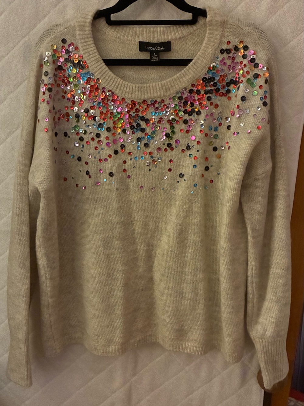 Lea & Viola Cream Sweater with Multicolor Sequin Neckline